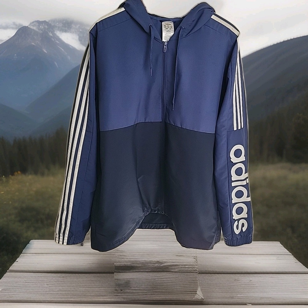 Adidas Essentials Colorblock Windbreaker Hooded Men's 2XL Blue Pockets Zipper